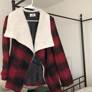 Plaid shearling jacket red and black